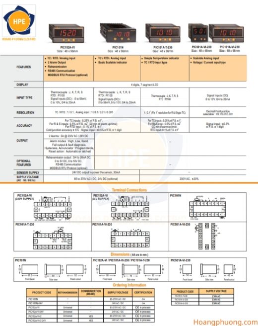 Thông số kỹ thuật bộ hiển thị đa năng PIC1000D Selec Thông số kỹ thuật PIC1000D Selec kích thước lắp đặt và sơ đồ đấu nối