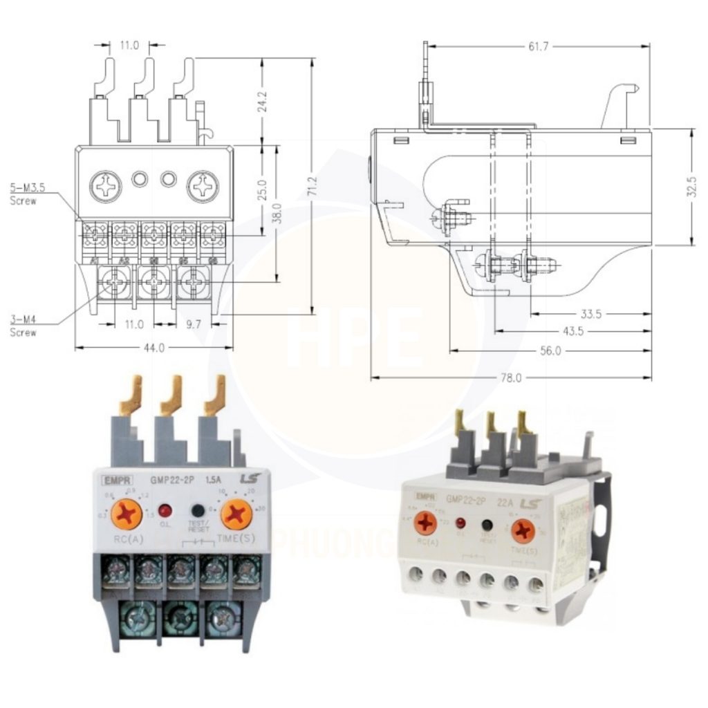 Kích thước rơle điện tử LS GMP22-3P 0.3-1.5A