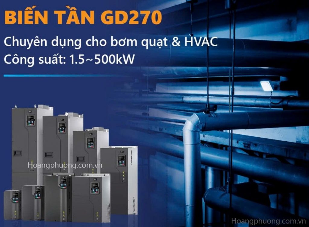 Biến tần INVT GD270 – dòng biến tần chuyên dụng cho bơm, quạt và HVAC với công suất lên đến 500kW, tiết kiệm điện và vận hành bền bỉ cho tòa nhà và nhà máy.