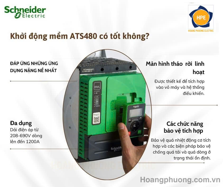 Khởi động mềm ATS480 Schneider – Thiết bị điều khiển động cơ 3 pha hiện đại, tích hợp bảo vệ quá tải, màn hình rời, hoạt động bền bỉ, dải dòng từ 17A đến 1200A.