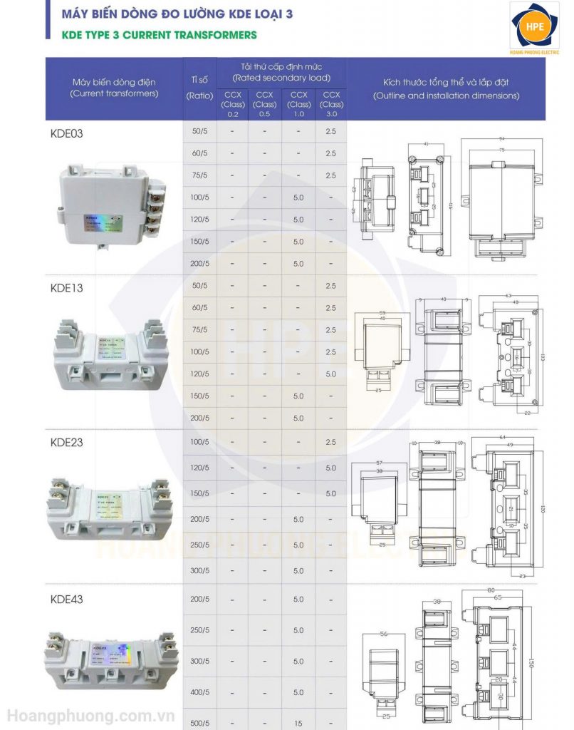 Biến dòng 3 pha KDE là dòng thiết bị đo lường chuyên dụng cho thanh cái (busbar), phù hợp cho hệ thống điện từ 50A đến 800A.