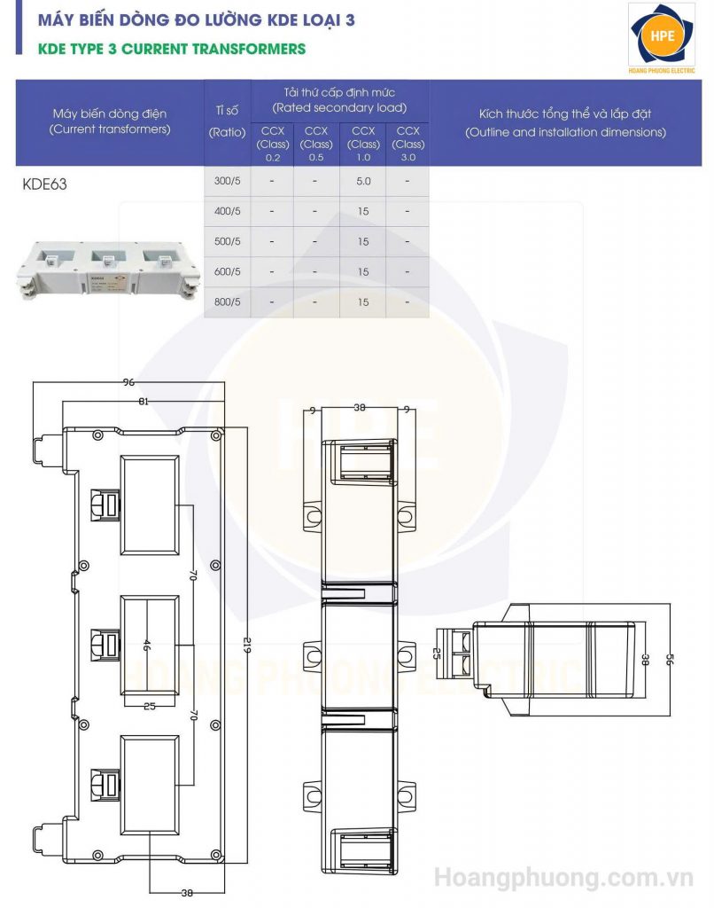 Biến dòng 3 pha KDE là dòng thiết bị đo lường chuyên dụng cho thanh cái (busbar), phù hợp cho hệ thống điện từ 50A đến 800A.