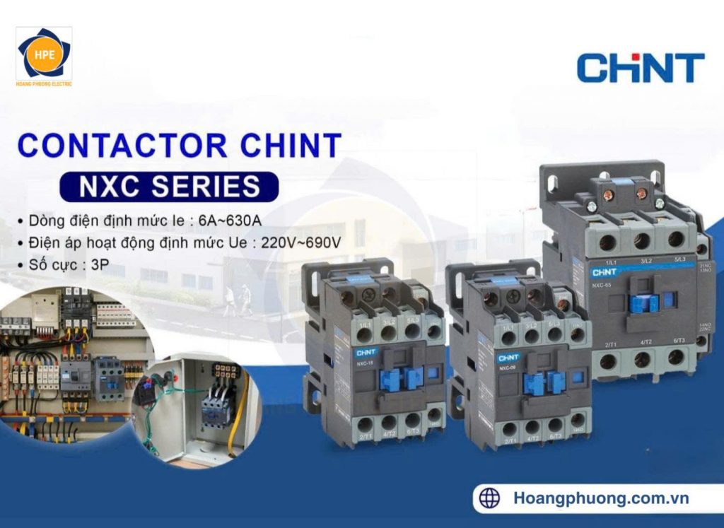 Khởi động từ NXC Chint dòng 3P, dòng điện từ 6A–630A, điện áp 220V–690V – thiết bị điều khiển động cơ bền bỉ, hiệu quả.
