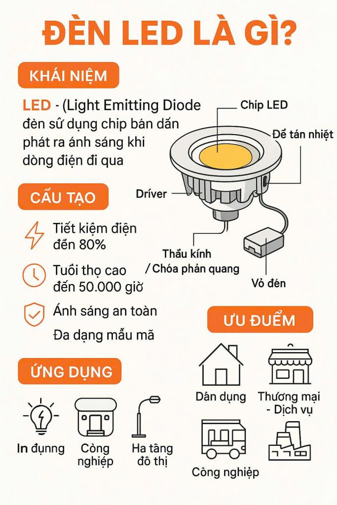 Đèn LED là gì? Tìm hiểu khái niệm, cấu tạo, nguyên lý hoạt động, ưu điểm và các loại đèn LED phổ biến nhất tại Việt Nam trong chiếu sáng dân dụng & công nghiệp.