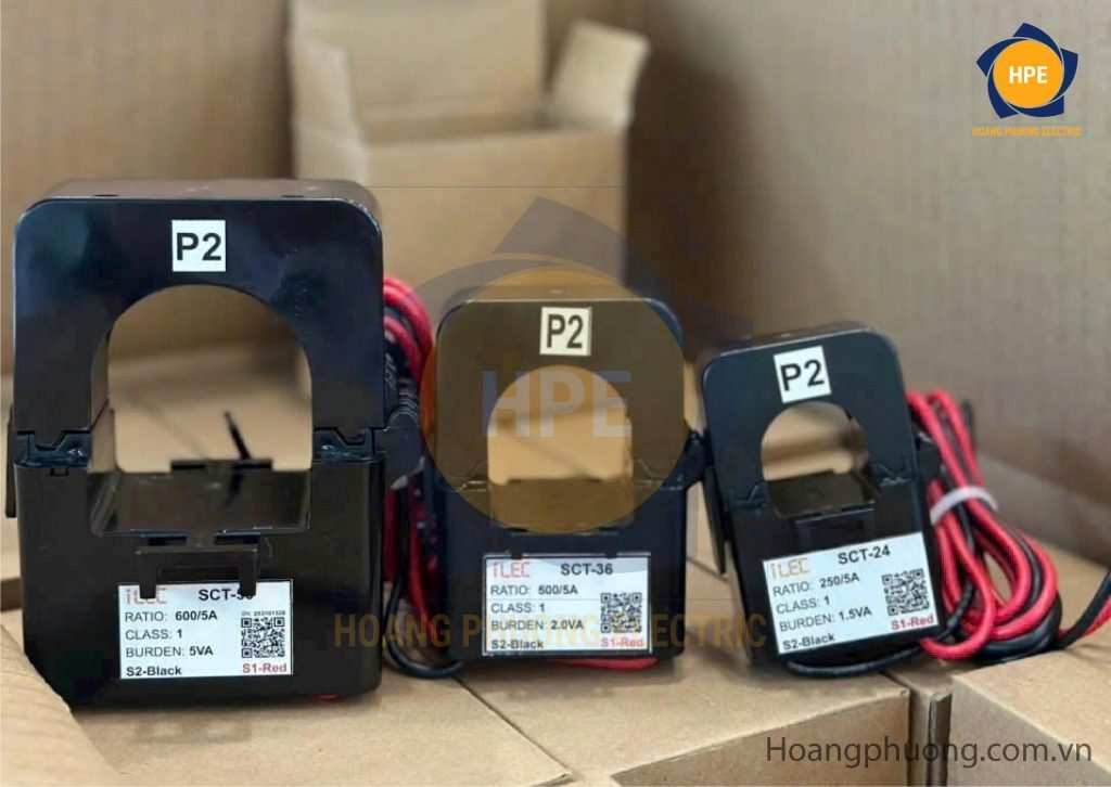 Ảnh biến dòng SCT24 50/1A, CT đo lường hạ áp, Class 1.0, công suất 1.5–2VA, lỗ xuyên 24mm, thứ cấp 1A hoặc 5A.