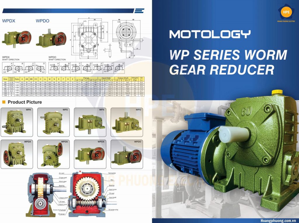 Hộp số giảm tốc trục vít Motology – Vận hành êm, độ bền cao, thiết kế nhỏ gọn.