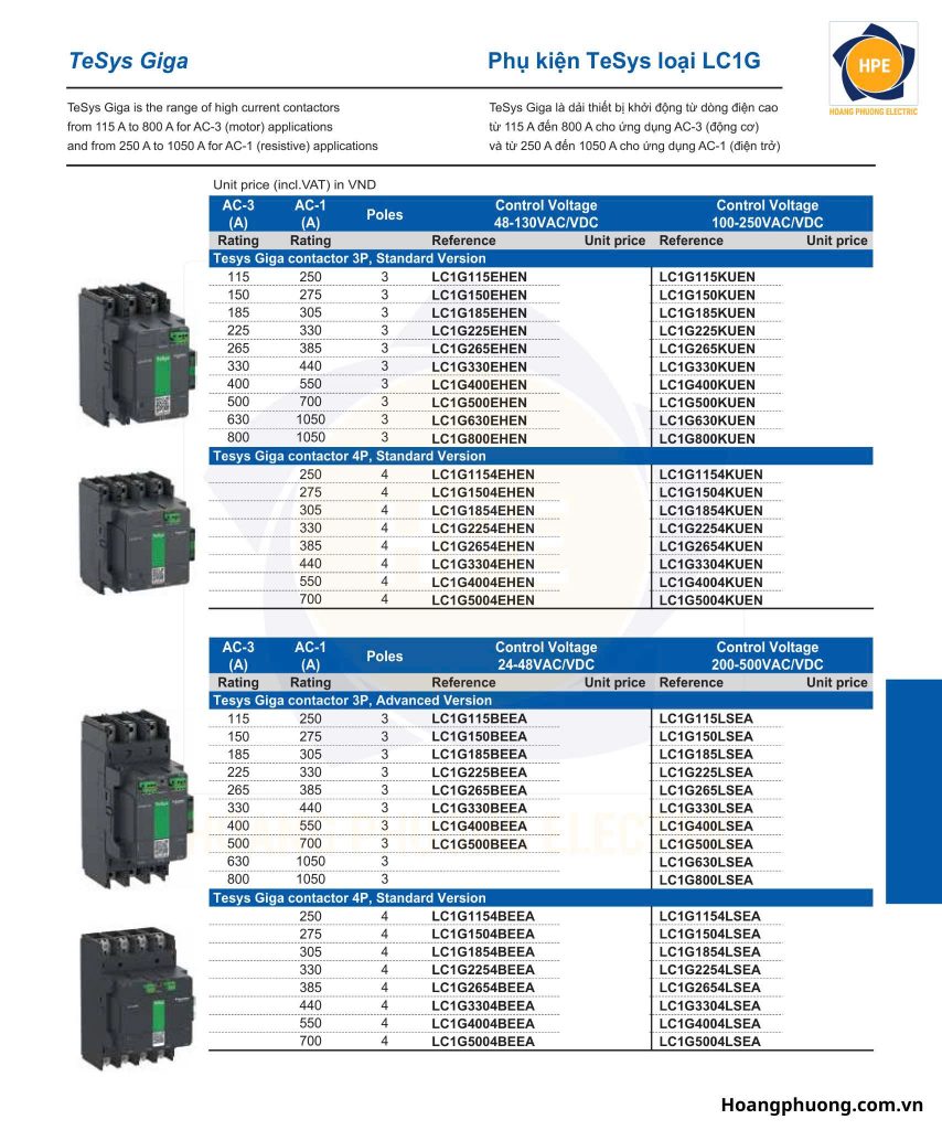 Khởi động từ Schneider TeSys Giga là dòng contactor cao cấp, được thiết kế chuyên biệt cho các ứng dụng công suất lớn và công nghiệp nặng. Với dải dòng từ 115A đến 800A (AC-3) và đến 1050A (AC-1),
