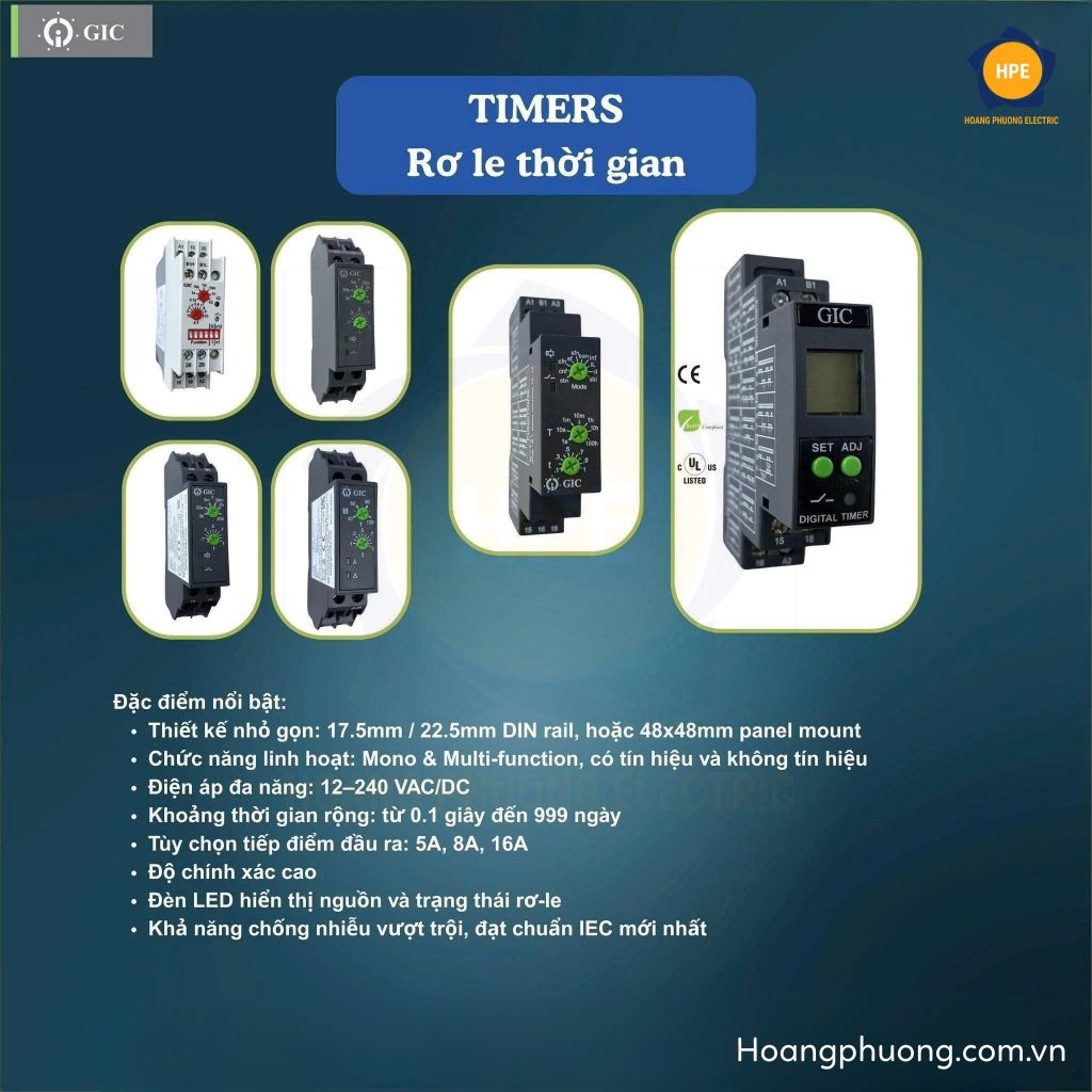 Rơ-le thời gian GIC là thiết bị điện tự động giúp kiểm soát thời gian đóng/cắt mạch điện trong các hệ thống điều khiển, bảo vệ và tự động hóa.
