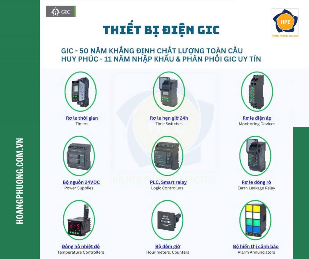 Thiết bị điện GIC Ấn Độ chính hãng – Bao gồm rơ le thời gian, rơ le dòng rò, điện áp, PLC, timer… Phân phối bởi Thiết bị điện Hoàng Phương – Hỗ trợ kỹ thuật và giao hàng toàn quốc.